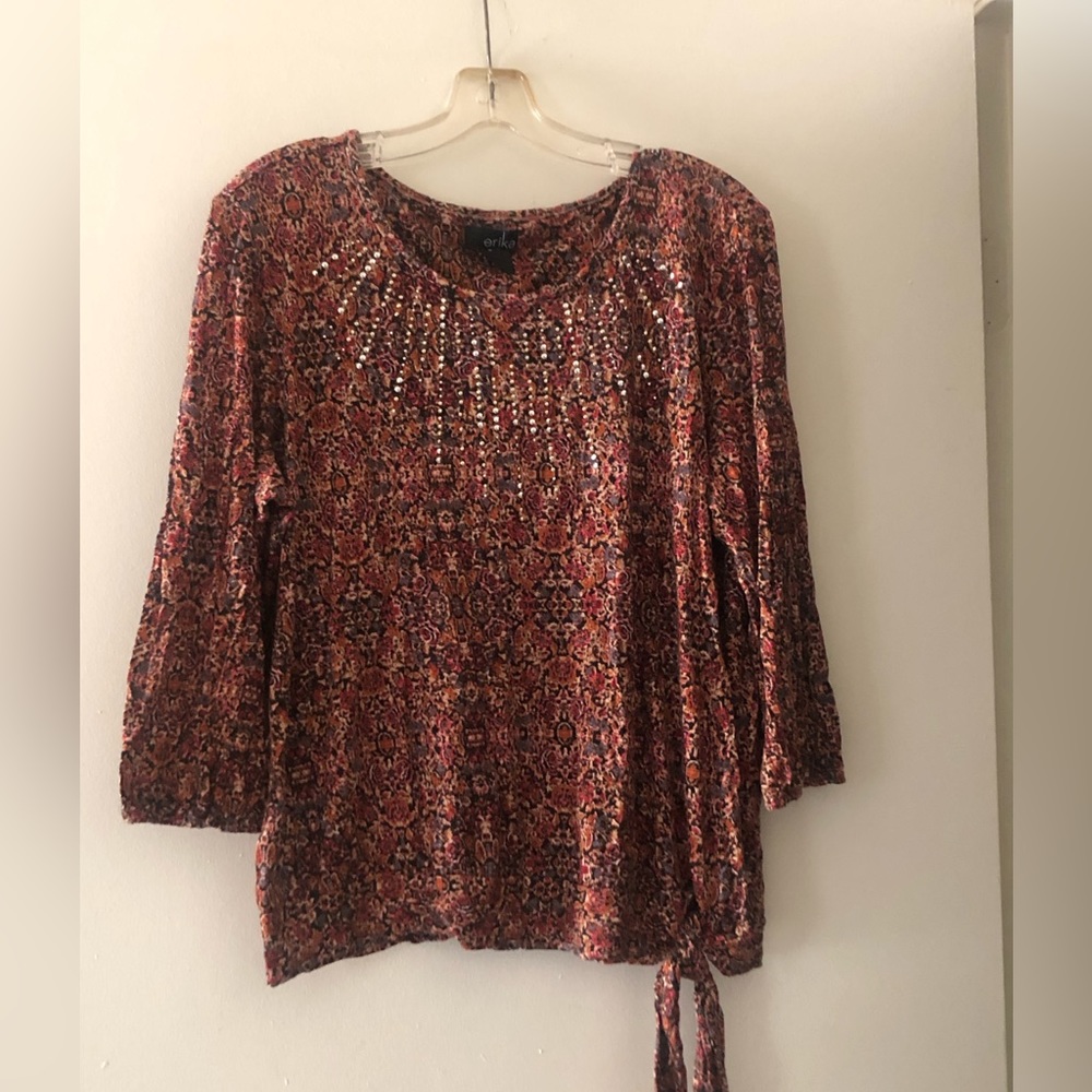 Erika Rust and brown print blouse with gold studs. Size XL